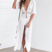 China Wholesale Solid Color White Deep V Neck Half Sleeve Beach Cover Up Sexy Maxi Dress Beach Tunic With Slit on sale