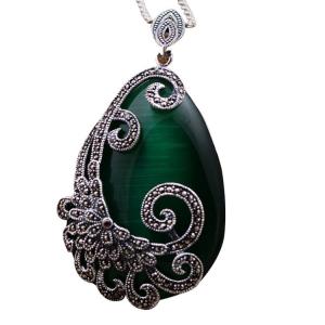 925 Silver Drop Shape Green Opal Marcasite Retro Pendant Necklace (N20180410GREEN)