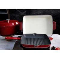China Red Enameled Cast Iron Skillet Pan 10inch Non Stick Deep Fry Pan With Ridge on sale