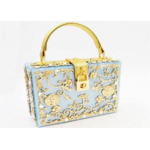 China Light Blue Sparkly Glitter Acrylic Clutch With Gold Rhinestone And Handle supplier