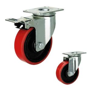 China Red Iron Core PU 100mm Medium Duty Casters With Dual Brake supplier