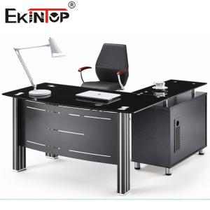Modern Glass Desk Top With Metal Legs And Drawer Executive Glass Table