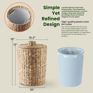 China Wicker Waste Basket - Water Hyacinth Bathroom Garbage Can With A Lid - Bathroom Trash Can Boho Style - Wicker Trash Can With Lid For Household, Kitchen - Removable Liner, Iron Frame wholesale