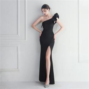 Black Slim Evening Dress Irregular Ruffled Edge Sexy Floor Length Dress With Hip Bag