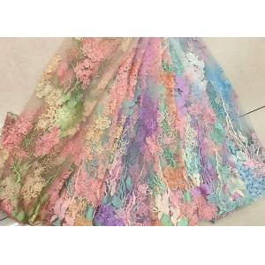 3D Beaded Lace Fabric , Scalloped Multi Color Floral Embroidered Fabric For Skirt