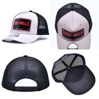 China Structured 5 Panel Trucker Cap Embroidered Debossed Metal Badge Eyelets on sale