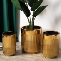China Factory home hotel gold luxury floor outdoor decoration plant pot cylinder tall ceramic large big flower pots for plants on sale