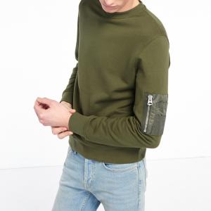 Plain Army Green Crew Neck Sweatshirt Anti - Shrink Printed Technics Without Hood