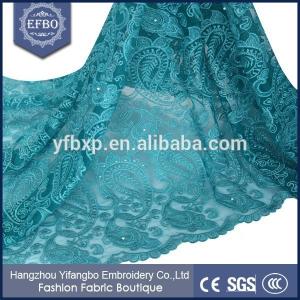 Teal green beaded and rhinestoned african french net tulle lace fabric for wedding dress