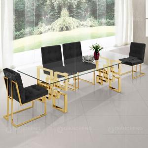 Modern 200cm Tempered Glass Dining Table Set 6 Chairs Stainless Steel Base