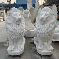 China White Marble Lion Sculpture Outdoor Natural Stone Garden Animals Statue Hand Carving Western Style on sale