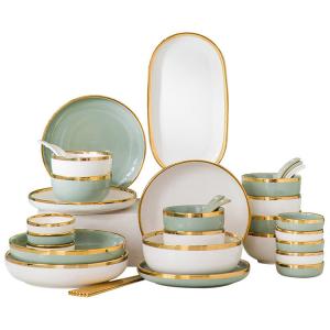 Nordic Luxury Style Ceramic Tableware Set Emerald Green With Gold Rim