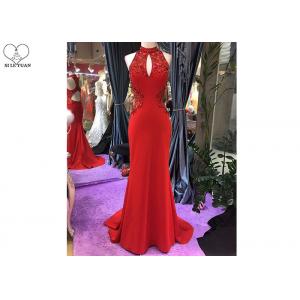Luxury Red Mermaid Style Prom Dress Beading Hanging Neck Back Hollow Fishtail