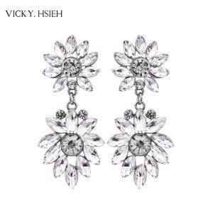 China VICKY.HSIEH Rhodium Tone Wedding Bridal Crystal Rhinestone Flower Drop Earrings supplier