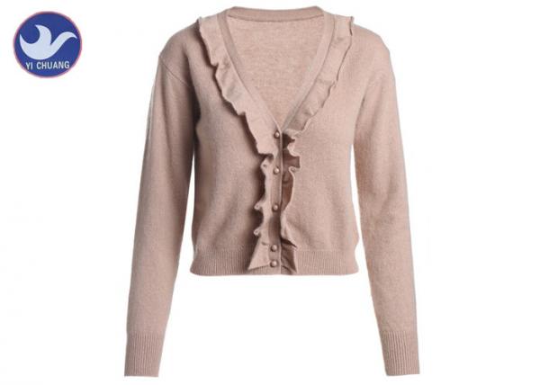 V Neck Ruffle Frill Womens Knit Cardigan Sweaters Long Sleeves Short Body