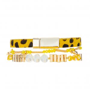 KC Jewelry crystal beads leather Bracelet Stack Set Yellow leopard collection