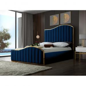 Cara bed Twin King Queen Size Modern gold metal frame navy blue Velvet Headboard Upholstered Bed for Hotel