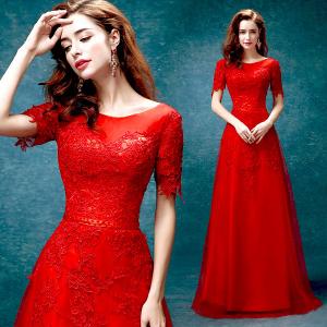 Red Elegant Evening Dresses O Neck Short Sleeves Host Dress TSJY031