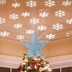 Christmas Tree Topper Lighted Star Tree Toppers with LED Rotating Snowflake Projector Lights 3D Hollow Silver Star Snow Tree Top