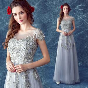 Gray Chrysanthemum Appliques Lace Up Gorgeous Evening Dress TSJY102