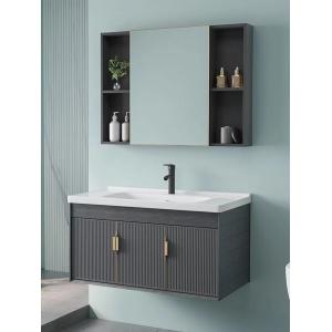 China Grey Black Ceramic Wash Basin Cabinet Set Aluminium Mirrored Bathroom Cabinet Vanity supplier