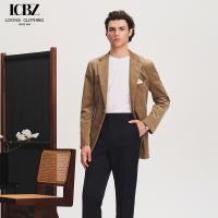 China Men's Khaki Corduroy Casual Slim Suit Autumn Single Suit Blazer Jacket with Zipper Fly on sale