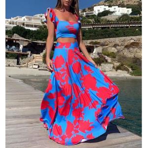 Summer Womens Casual Dresses Printed Flower 2pcs Top And Skirt With S-2XL