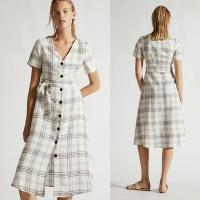 China Summer Clothing Women V Neck Midi Checked Linen Dress on sale