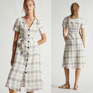 China Summer Clothing Women V Neck Midi Checked Linen Dress supplier