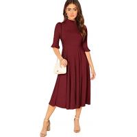 China Clothing Ribbed Knit Bell Sleeve Fit And Flare Midi Dress on sale