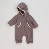 China French Terry Beige New Born Rompers Baby Pocket Hooded Zip Up Jumpsuit on sale