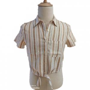China Tie Front Short Sleeve Female Brown Striped Blouse supplier