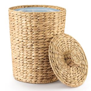 China Wicker Waste Basket - Water Hyacinth Bathroom Garbage Can With A Lid - Bathroom Trash Can Boho Style - Wicker Trash Can With Lid For Household, Kitchen - Removable Liner, Iron Frame wholesale
