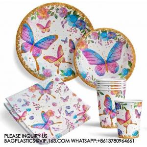 Birthday Party Decoration Festival Tableware Paper Plates Cups Purple Butterfly Party Supplies