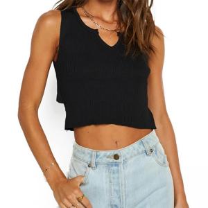 Basic Solid Slim Fit Cropped Rib Knit Tank Top Cotton Polyester Blend Tank Tops
