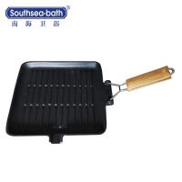 Professional Black Pre-seasoned Cast Iron Grill Pan with Wooden handle For Home Cooking