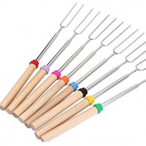 China Sausages 31cm BBQ Roasting Sticks Wooden Handle Telescopic Marshmallow Fork supplier