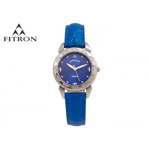 Blue Face Leather Strap Watch , Fitron Women'S Watches With Water Drill