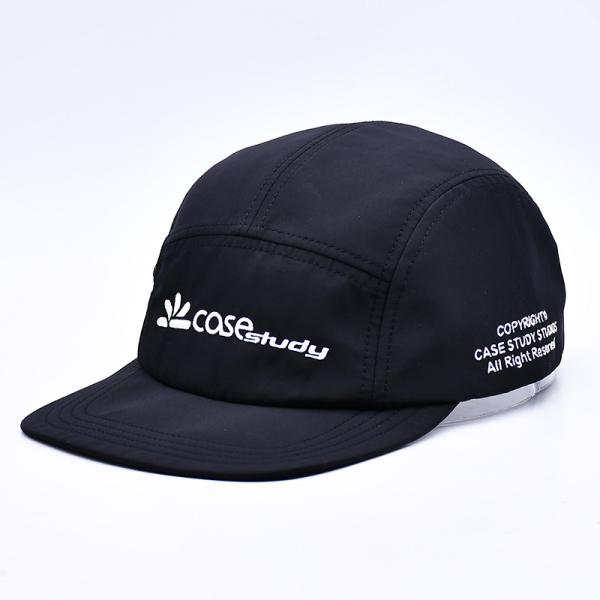 Hight Quality Unstructured 5 Panel Camper Hat Custom Black Printing Nylon Running Cap With Decorative Pockets