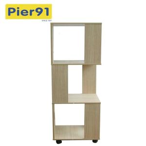 China Economic Home Wooden Book Rack Three Panels Hollow Design With 4 Wheels supplier