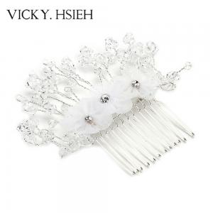VICKY.HSIEH Silver Tone Floral Cluster Crystal Bead Combs Chinese Hair Accessories