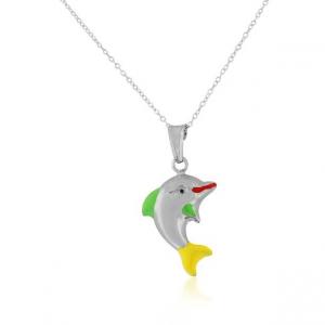 925 Sterling Silver 3D Enamel Dolphin Charm Pendant Necklace
