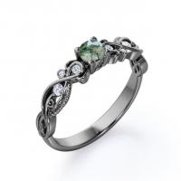 China Brilliant Cut Solid Finely Veined Moss Green Agate and Moisssanite Victorian Style Filigree Engagement Ring on sale