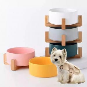 Wholesale Manufacture Unique Dog Cat Food Bowl Ceramic Pet Feed Bowl With Wooden Stand Pet Food Drinking Bowl Dish