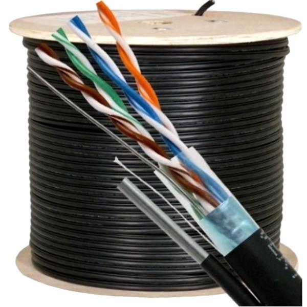 300 Volts UTP CAT5E Cable with Zinned Steel Messenger 24 AWG Black for Security