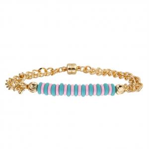 Blue And Pink Beads Gold Plated Chain Link Bracelet With Magnetic Adsorption