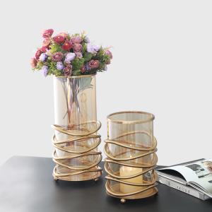 China Table wedding centerpieces decorative glass flower vase with metal holder base glass cylinder vase supplier