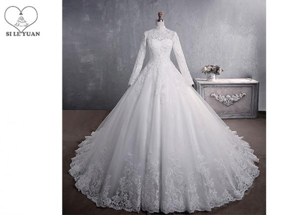 Pure White High Collar Beading Long Tail Bridal Gown / Long Sleeve Bridal