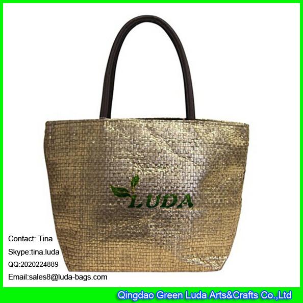 LUDA discount leather handles straw handbag paper straw metallic shopping bag