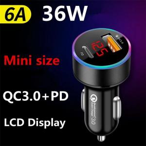 LCD Type C Car Charger PD 6A 36W QC3.0 For IPhone Huawei Xiaomi